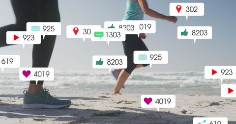 Women Running on Beach with Social Media Notifications Overlay