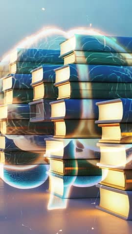 Panning vertical video revealing glowing book stacks with floating digital icons
