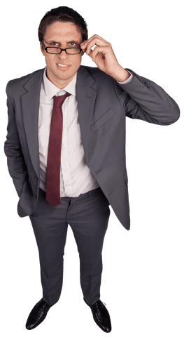 Overhead view of businessman adjusting glasses on transparent background