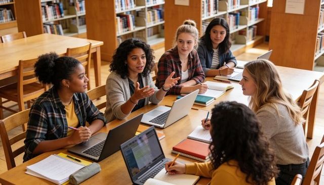 Diverse college students studying together in library collaborating with laptops and notebooks