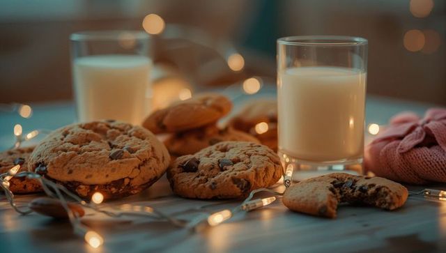Cozy homey scene with chocolate chip cookies and milk