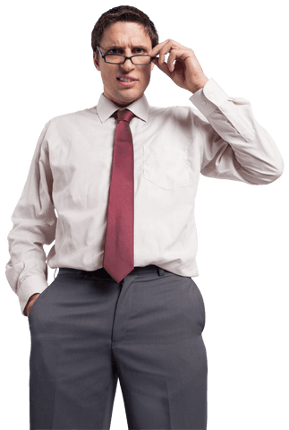 Confident Businessman Adjusting Glasses with Transparent Background