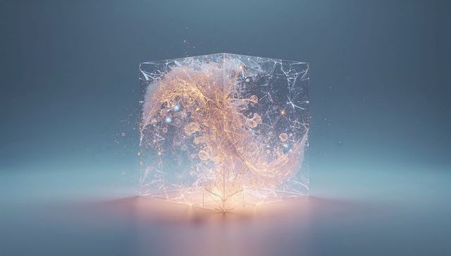 Glowing glass cube showing filament network and particle cloud for futuristic technology