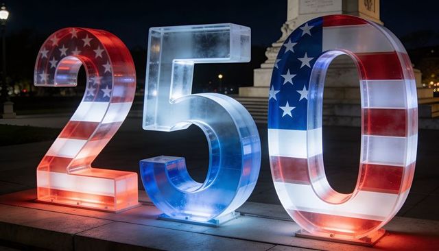 Glowing 250 numerals with american flag lighting casting red white blue reflections