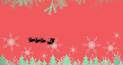 Santa Sleigh Silhouette with Reindeer on Snowy Red Background