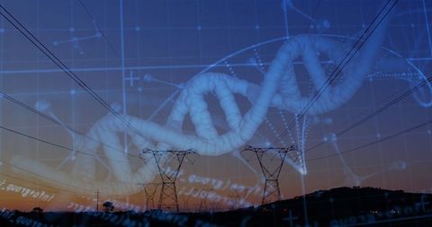 Futuristic DNA Helix Above Twilight Landscape and Power Lines