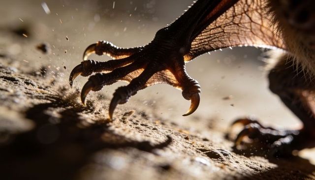 Rimlit raptor talon gripping sandy ground scattering dust, macro detail of curved claws