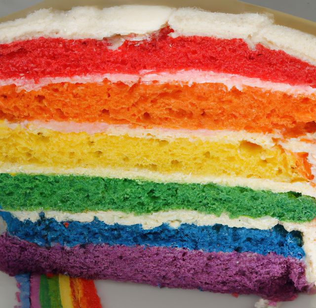Image of close up of rainbow cake with multi coloured layers on plate. Fresh food, fast food, eating and breakfast concept.