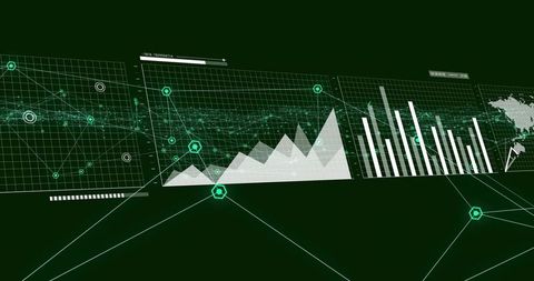 Futuristic network analytics dashboard visualizing data mining, charts, grids, and metrics