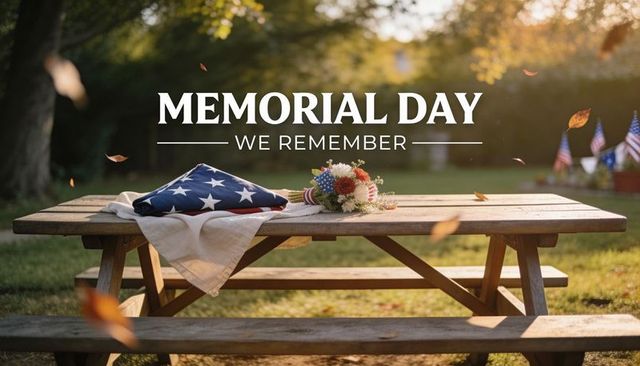 Memorial day honoring fallen heroes with folded american flag and patriotic bouquet