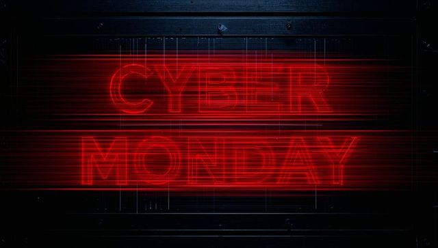 Cyber monday neon sign glowing red with streaming horizontal scanlines on dark metal shutter