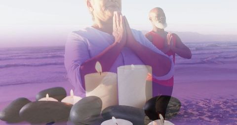 Senior Couple Practicing Yoga at Beach with Candles - Download Free Stock Images Pikwizard.com