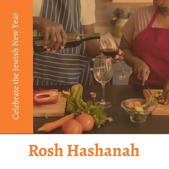 Image shows an African American couple in the kitchen, engaging in preparations for Rosh Hashanah. They are cutting vegetables and pouring wine, indicating a festive atmosphere. Suitable for use in articles, blogs, or promotions related to Rosh Hashanah, multicultural holiday celebrations, and festive dining.