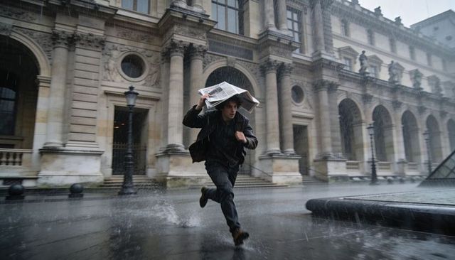 Running through heavy rain with newspaper shield in front of neoclassical museum facade