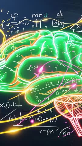 Pulsing neon brain mapping green neural pathways on chalkboard vertical video