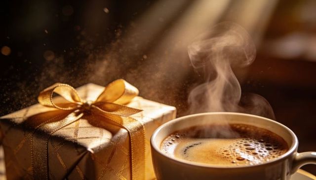 Steaming espresso cup with golden gift and sunbeams creating cozy festive morning mood