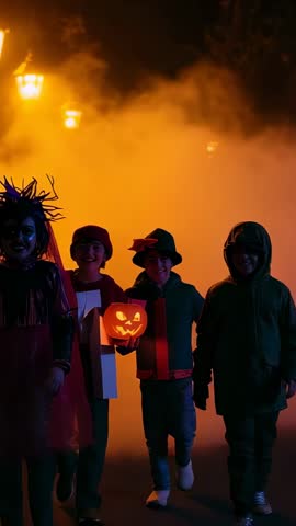 Costumed Kids Walking Through Fog with Glowing Jack-o'-Lanterns for Trick-or-Treat