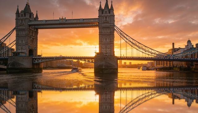 Golden sunset over tower bridge london reflecting on thames with boats and skyline