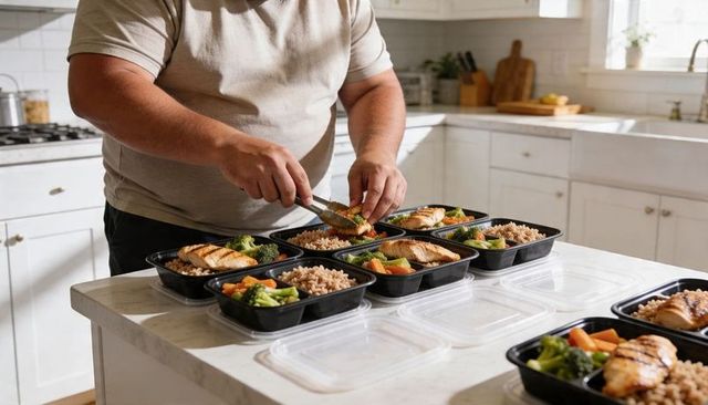Man preparing grilled chicken meal prep containers with rice and vegetables on kitchen counter