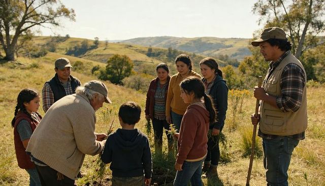 Multigenerational family planting saplings in sunlit meadow for community stewardship