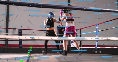 Female Boxers Sparring in Boxing Ring with Referee and Neon Motion-Graphics Overlay