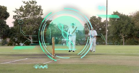 Cricket players standing on pitch holding bats with holographic hud overlay and stumps