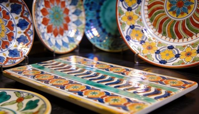 Handpainted glazed rectangular platter with decorative plates featuring talavera motifs