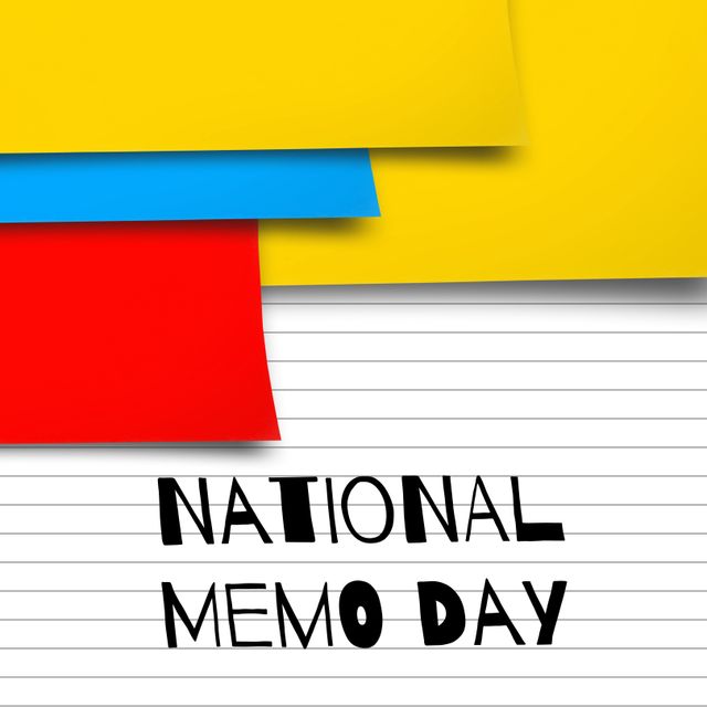 Colorful adhesive notes on a lined page with a 'National Memo Day' text. Suitable for promoting office events, organizing materials, or educational purposes. Use for social media celebrations or to highlight memo advantages.
