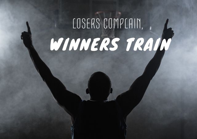 This powerful image of a triumphant silhouetted athlete with an inspiring quote is perfect for motivational posters, fitness blogs, sports advertisements, and social media posts. It exemplifies themes of perseverance, hard work, and the rewards of dedication, making it suitable for use in gym and fitness environments, educational institutions, and personal development seminars.