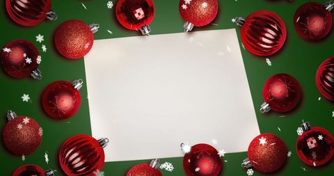 Festive Christmas Card with Red Ornaments and Snowflakes