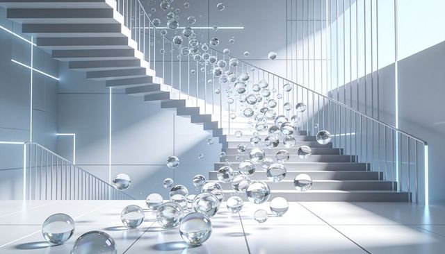Glass spheres ascending modern staircase in high-key atrium with geometric reflections
