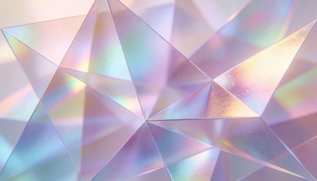 Iridescent holographic prism with pastel rainbow facets and geometric crystal texture