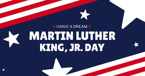digital banner combining colors and symbols of american flag celebrating martin luther king jr. day. features bold american flag graphics, stars, and text with iconic 'i have a dream' phrase. suitable for promoting mlk day events, educational materials, and online posts fostering awareness and focusing on civil rights.