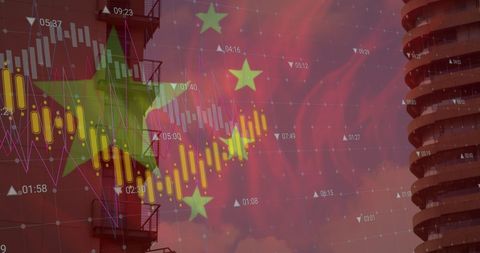 Chinese Flag Overlaid with Financial Data in Urban Cityscape