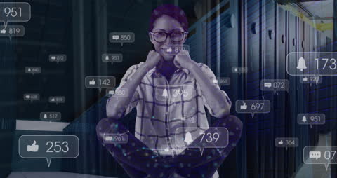 Smiling Woman in Server Room with Social Media Icons