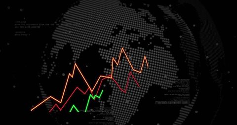 Globe analytics dashboard with colorful line graphs and code