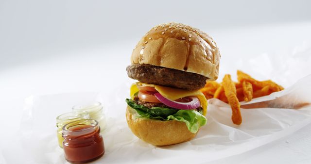 Delicious Cheeseburger with Fresh Vegetables and Fries - Download Free Stock Images Pikwizard.com