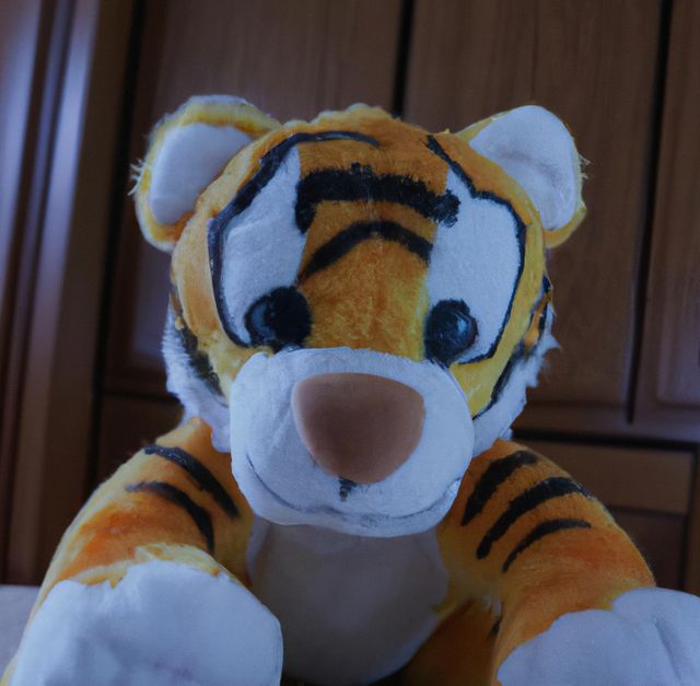 This image showcases a cute tiger plush toy placed against a wooden background, perfect for use in children's product advertisements, online stores, or creating a warm and inviting atmosphere for kids' room décor ideas.