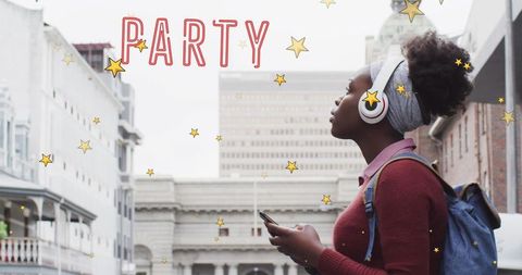 Teen with Headphones Experiencing City Life Particles and Party Theme - Download Free Stock Images Pikwizard.com