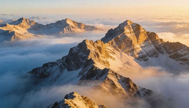Sunlight bathing jagged alpine ridge above sea of clouds at golden sunrise