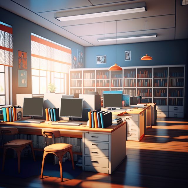 This modern office features desks arranged neatly with computers and stacks of books. Morning sunlight creates a bright and warm atmosphere, highlighting the orange pendant lights and spacious shelving units filled with books. Ideal for use in articles or promotional materials about office design, productivity, modern work environments, or educational spaces.