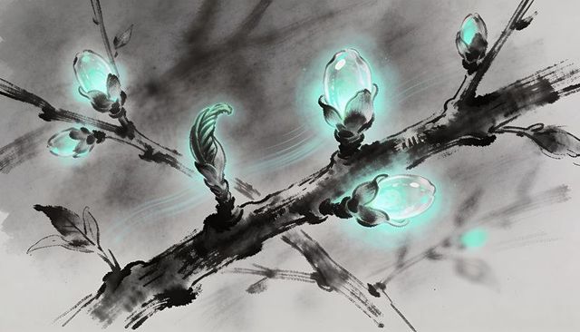 Ink-wash branch bearing glowing turquoise buds on textured paper, ethereal botanical art
