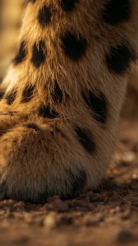 Vertical Macro Video of Cheetah Forepaw Sliding Claw on Dry Soil at Golden Hour