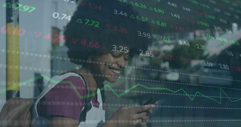 Smiling Woman Engaging with Stock Market Data via Smartphone - Download Free Stock Images Pikwizard.com