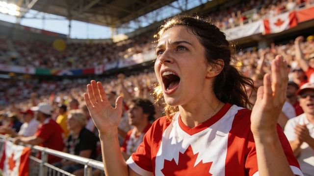Canadian fan cheering passionately in stadium wearing red and white maple leaf jersey