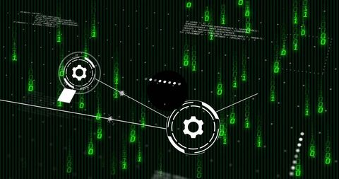 futuristic digital interface with gears and binary code - Download Free Stock Images Pikwizard.com