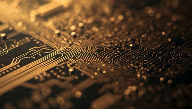 Golden pcb circuit traces closeup macro with bokeh highlights for tech backgrounds