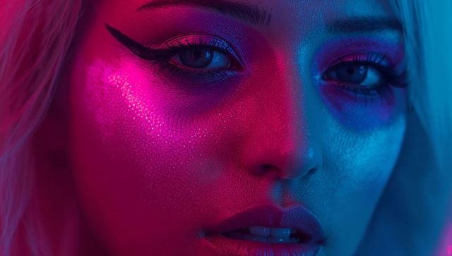 Futuristic beauty portrait with magenta and cyan lighting