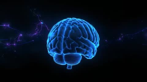 Rotating Neon Blue Brain in Futuristic Digital Environment