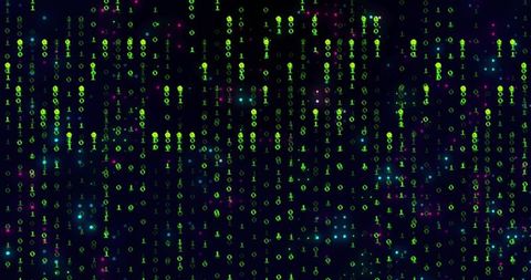 Flowing Neon Binary Code Streams Vertical Matrix Cyberpunk Data with Cyan Magenta Glow